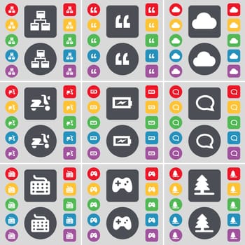 Network, Quotation mark, Cloud, Scooter, Charging, Chat bubble, Keyboard, Gamepad, Firtree icon symbol. A large set of flat, colored buttons for your design. illustration