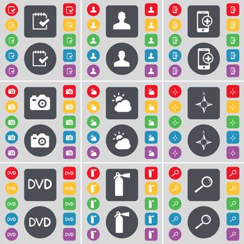 Survey, Avatar, Smartphone, Camera, Cloud, Compass, DVD, Fire extinguisher, Magnifying glass icon symbol. A large set of flat, colored buttons for your design. illustration