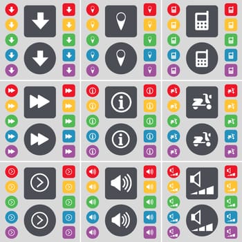 Arrow down, Checkpoint, Mobile phone, Rewind, Informmation, Scooter, Arrow right, Sound, Volume icon symbol. A large set of flat, colored buttons for your design. illustration