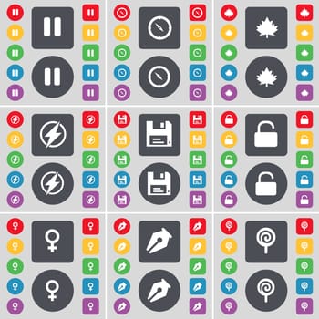 Pause, Compass, Maple leaf, Flash, Floppy, Lock, Venus symbol, Ink pen, Lollipop icon symbol. A large set of flat, colored buttons for your design. illustration
