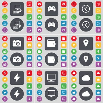 PC, Gamepad, Arrow left, Camera, Wallet, Checkpoint, Flash, Monitor, Cloud icon symbol. A large set of flat, colored buttons for your design. illustration