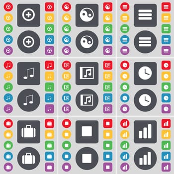 Plus, Yin-Yang, Apps, Note, Music window, Clock, Suitcase, Media stop, Diagram icon symbol. A large set of flat, colored buttons for your design. illustration