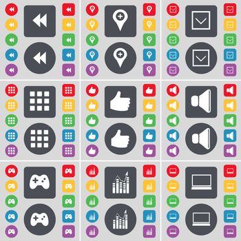 Rewind, Checkpoint, Arrow down, Apps, Like, Sound, Gamepad, Graph, Laptop icon symbol. A large set of flat, colored buttons for your design. illustration