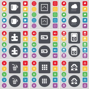 Cup, Arrow up, Cloud, Puzzle part, Battery, Player, Trash can, Apps, Avatar icon symbol. A large set of flat, colored buttons for your design. illustration