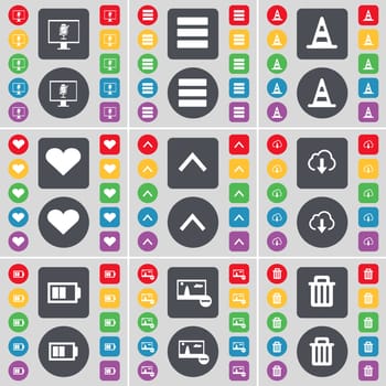 Monitor, Apps, Cone, Heart, Arrow up, Cloud, Battery, Picture, Trash can icon symbol. A large set of flat, colored buttons for your design. illustration
