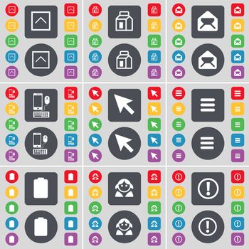 Arrow up, Packing, Message, Smartphone, Cursor, Apps, Battery, Avatar, Exclamation icon symbol. A large set of flat, colored buttons for your design. illustration