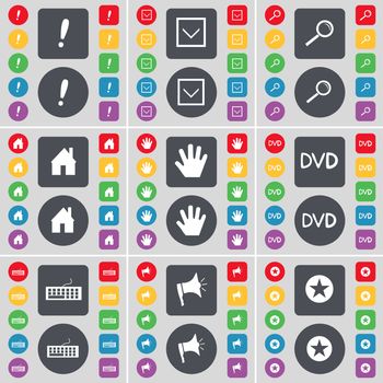 Exclamation mark, Arrow down, Magnifying glass, House, Hand, DVD, Keyboard, Megaphone, Star icon symbol. A large set of flat, colored buttons for your design. illustration