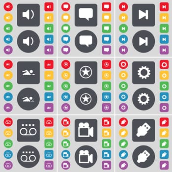 Sound, Chat bubble, Media skip, Swimmer, Star, Gear, Cassette, Film camera, USB icon symbol. A large set of flat, colored buttons for your design. illustration