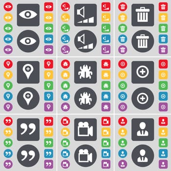 Vision, Volume, Trash can, Checkpoint, Bug, Plus, Quotation mark, Film camera, Avatar icon symbol. A large set of flat, colored buttons for your design. illustration