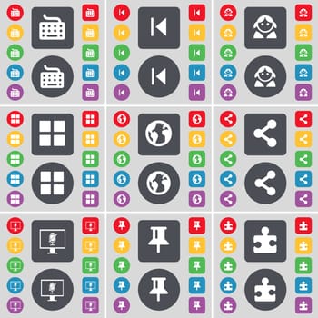 Keyboard, Media skip, Avatar, Apps, Earth, Share, Monitor, Pin, Puzzle part icon symbol. A large set of flat, colored buttons for your design. illustration