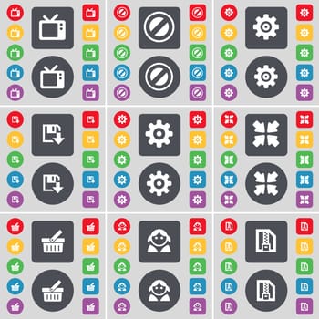 Retro TV, Stop, Gear, Floppy, Deploying screen, Basket, Avatar, ZIP file icon symbol. A large set of flat, colored buttons for your design. illustration