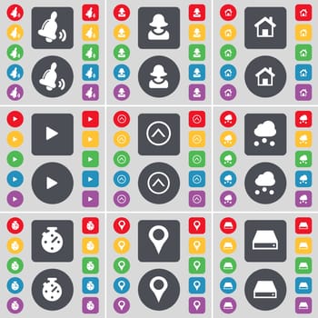 Bell, Avatar, House, Media play, Arrow up, Cloud, Stop watch, Checkpoint, Hard drive icon symbol. A large set of flat, colored buttons for your design. illustration