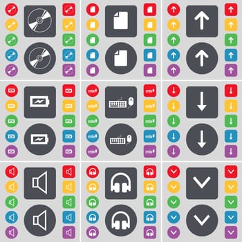 Disk, File, Arrow up, Charging, Keyboard, Arrow down, Sound, Headphones icon symbol. A large set of flat, colored buttons for your design. illustration
