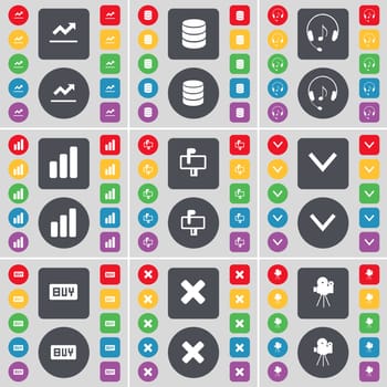 Graph, Database, Headphones, Diagram, Mailbox, Arrow down, Buy, Stop, Film camera icon symbol. A large set of flat, colored buttons for your design. illustration