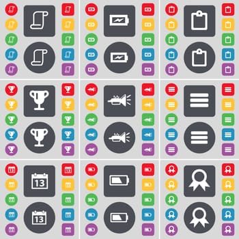 Scroll, Charging, Survey, Cup, Trumped, Apps, Calendar, Battery, Medal icon symbol. A large set of flat, colored buttons for your design. illustration
