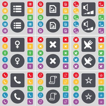 List, Media file, Volume, Venus symbol, Stop, Fork and knife, Receiver, Scroll, Star icon symbol. A large set of flat, colored buttons for your design. illustration