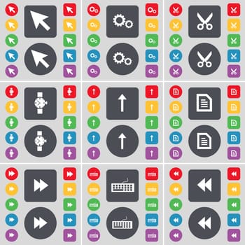 Cursor, Gear, Scissors, Wrist watch, Arrow up, Text file, Rewind, Keyboard icon symbol. A large set of flat, colored buttons for your design. illustration