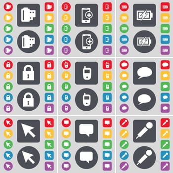 Negative films, Smartphones, Charging, Lock, Mobile phone, Chat bubble, Cursor, Chat bubble, Microphone icon symbol. A large set of flat, colored buttons for your design. illustration