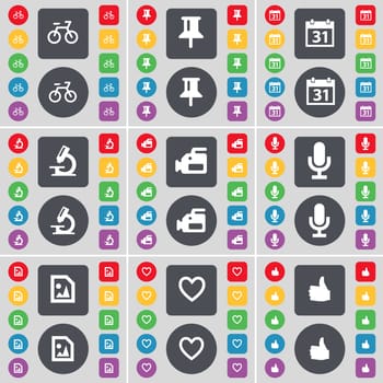 Bicycle, Pin, Calendar, Microscope, Film camera, Microphone, Media file, Heart, Like icon symbol. A large set of flat, colored buttons for your design. illustration