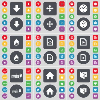Arrow down, Moving, Clock, Fire, File, Media file, Keyboard, House, Wallet icon symbol. A large set of flat, colored buttons for your design. illustration