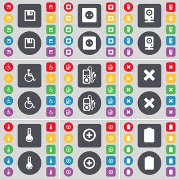 Floppy, Socket, Speaker, Disabled person, MP3 player, Stop, Thermometer, Plus, Battery icon symbol. A large set of flat, colored buttons for your design. illustration