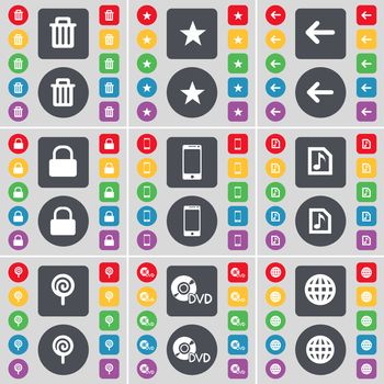 Trash can, Star, Arrow left, Lock, Smartphone, Music file, Lollipop, DVD, Globe icon symbol. A large set of flat, colored buttons for your design. illustration