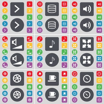 Arrow right, Database, Sound, Volume, Note, Full screen, Ball, Cup, Compass icon symbol. A large set of flat, colored buttons for your design. illustration