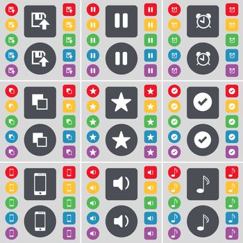 Floppy, Pause, Alarm clock, Copy, Star, Tick, Smartphone, Sound, Note icon symbol. A large set of flat, colored buttons for your design. illustration