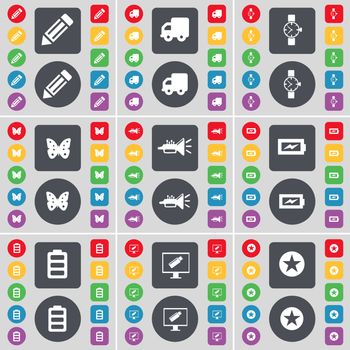 Pencil, Truck, Wrist watch, Butterfly, Trumped, Charging, Battery, Monitor, Star icon symbol. A large set of flat, colored buttons for your design. illustration