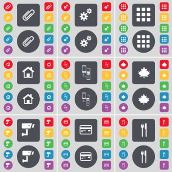 Clip, Gear, Apps, House, Connection, Maple leaf, CCTV, Credit card, Fork and knife icon symbol. A large set of flat, colored buttons for your design. illustration