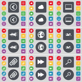 Arrow left, Cloud, Laptop, Trumped, Earth, Swimmer, Clip, Rewind, Magnifying glass icon symbol. A large set of flat, colored buttons for your design. illustration