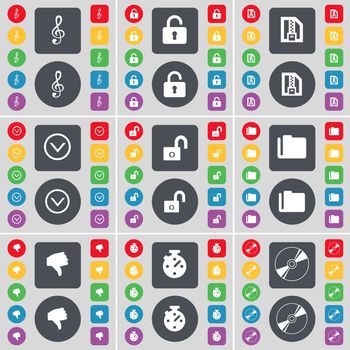 Clef, Lock, ZIP file, Arrow down, Folder, Dislike, Stopwatch, Disk icon symbol. A large set of flat, colored buttons for your design. illustration