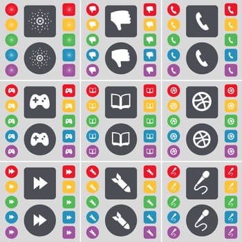 Star, Dislike, Receiver, Gamepad, Book, Ball, Rewind, Rocket, Microphone icon symbol. A large set of flat, colored buttons for your design. illustration