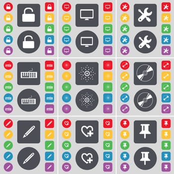 Lock, Monitor, Wrench, Keyboard, Star, Disk, Pencil, Heart, Pin icon symbol. A large set of flat, colored buttons for your design. illustration