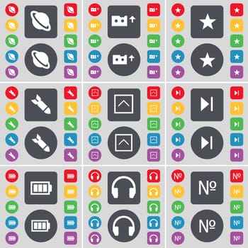Planet, Cassette, Star, Rocket, Arrow up, Media skip, Battery, Headphones, Number icon symbol. A large set of flat, colored buttons for your design. illustration