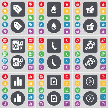 Tag, Fire, Basket, Speaker, Receiver, Speaker, Diagram, Media play, Arrow right icon symbol. A large set of flat, colored buttons for your design. illustration