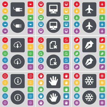 Socket, Monitor, Airplane, Cloud, File, Ink pen, Information, Hand, Snowflake icon symbol. A large set of flat, colored buttons for your design. illustration