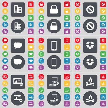 Building, Lock, Stop, Chat cloud, Smartphone, Dropbox, Picture, PC, Campfire icon symbol. A large set of flat, colored buttons for your design. illustration