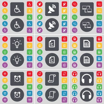 Disabled person, Satellite dish, Connection, Light bulb, Text file, Alarm clock, Scroll, Headphones icon symbol. A large set of flat, colored buttons for your design. illustration