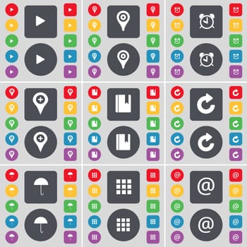 Media play, Checkpoint, Alarm clock, Checkpoint, Dictionary, Reload, Umbrella, Apps, Mail icon symbol. A large set of flat, colored buttons for your design. illustration