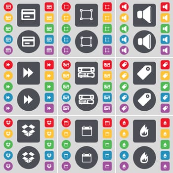 Credit card, Frame, Sound, Rewind, Record-player, Tag, Dropbox, Calendar, Fire icon symbol. A large set of flat, colored buttons for your design. illustration