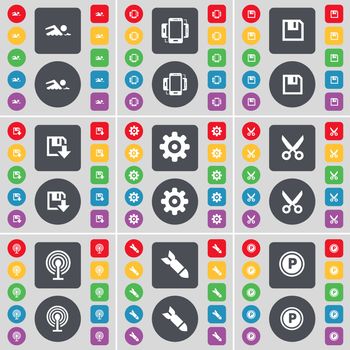 Swimmer, Smartphone, Floppy, Gear, Scissors, Wi-Fi, Rocket, Parking icon symbol. A large set of flat, colored buttons for your design. illustration