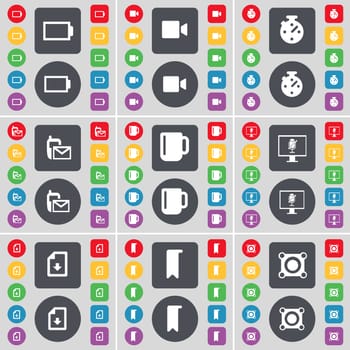 Battery, Film camera, Stopwatch, SMS, Cup, Monitor, File, Marker, Speaker icon symbol. A large set of flat, colored buttons for your design. illustration