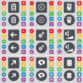 Battery, Arrow left, Speaker, Arrow left, Gear, Volume, Full screen, Chat bubble, Database icon symbol. A large set of flat, colored buttons for your design. illustration