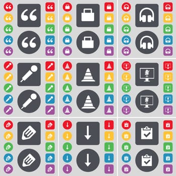 Qoutation mark, Lock, Headphones, Microphone, Cone, Monitor, Pencil, Arrow down, Survey icon symbol. A large set of flat, colored buttons for your design. illustration