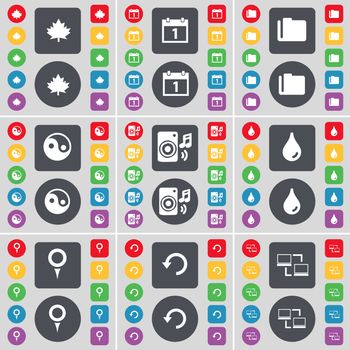 Maple leaf, Calendar, Folder, Yin-Yang, Speaker, Drop, Checkpoint, Reload, Connection icon symbol. A large set of flat, colored buttons for your design. illustration