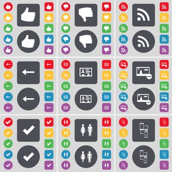Like, Dislike, RSS, Arrow left, Contact, Picture, Tick, Silhouette, Connection icon symbol. A large set of flat, colored buttons for your design. illustration