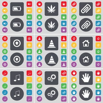 Battery, Marijuana, Clip, Arrow up, Cone, House, Note, Gear, Hand icon symbol. A large set of flat, colored buttons for your design. illustration