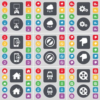 Game console, Cloud, Gear, Smartphone, Stop, Hand, House, Train, Videotape icon symbol. A large set of flat, colored buttons for your design. illustration