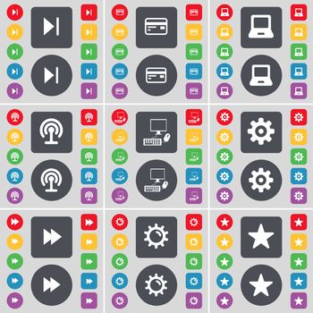 Media skip, Credit card, Laptop, Wi-Fi, PC, Gear, Rewind, Star icon symbol. A large set of flat, colored buttons for your design. illustration